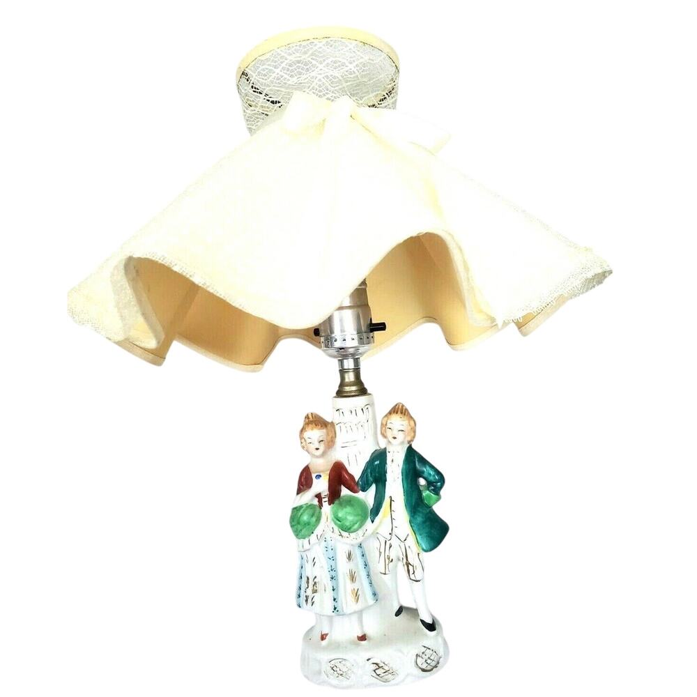 Vintage MCM Colonial Victorian Couple Figurine Porcelain Lamp Works Shade Japan